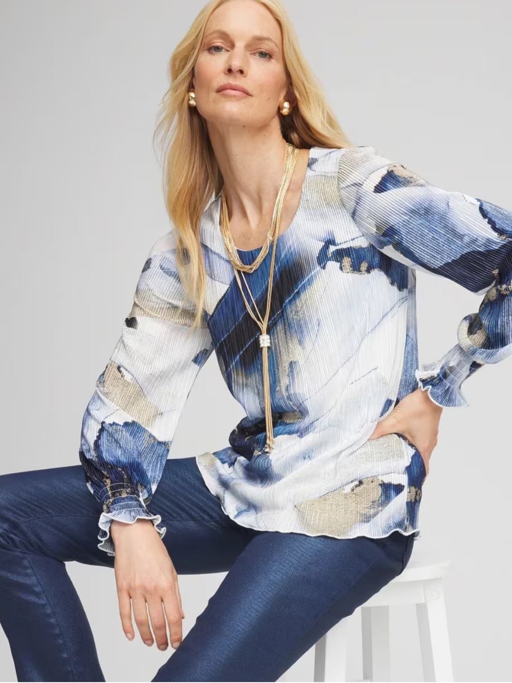 Chico's Foil Ocean Print Crinkle Top Abstract Pleated Long-Sleeve Blouse XL